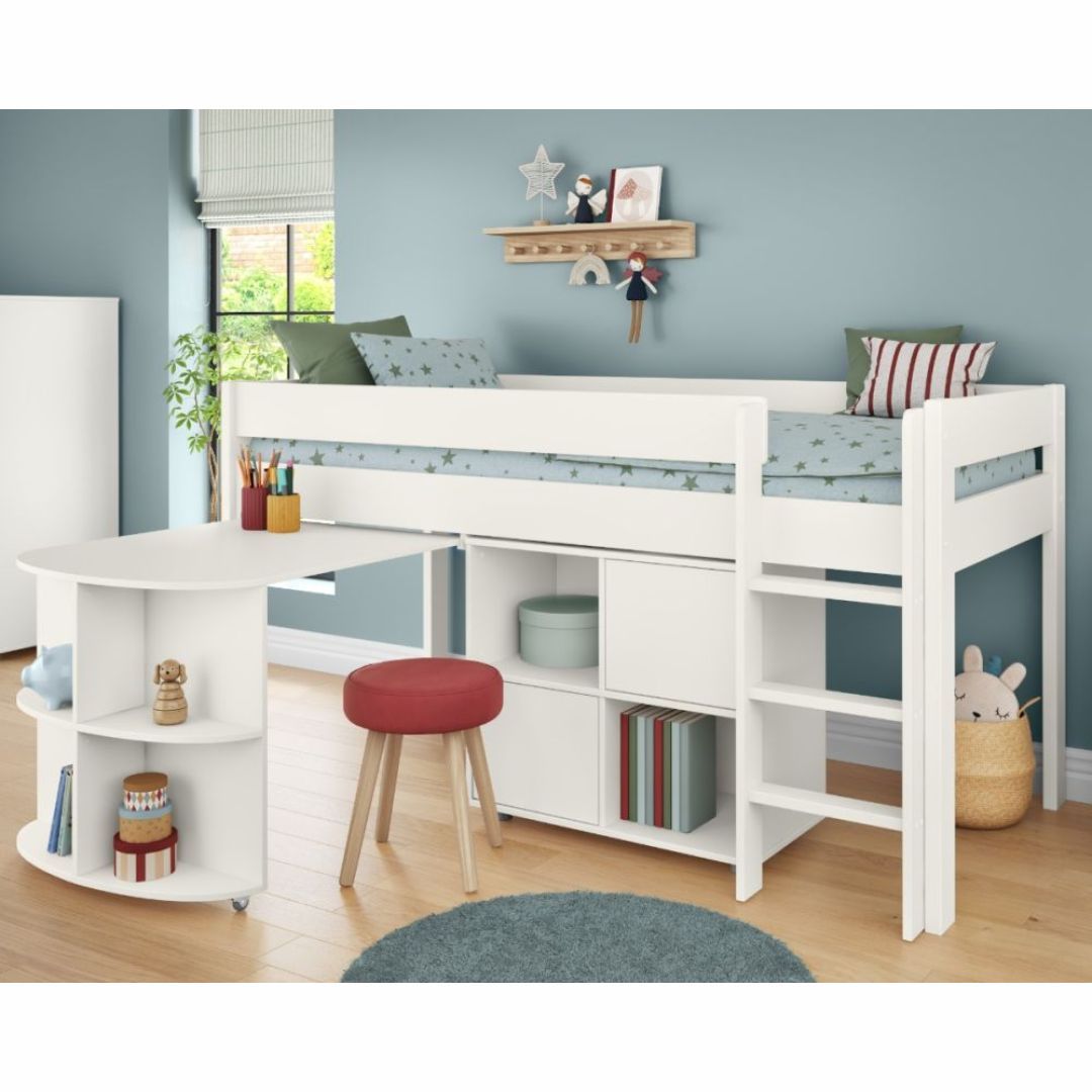 Stompa Uno Mid Sleeper in White with Desk & Cube Unit