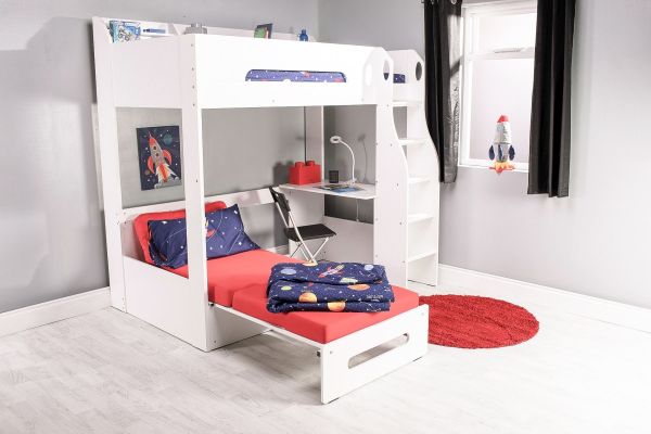 futon high sleeper bed with sofa Montana Futon High Sleeper in White with Desk Shelving