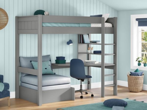 Stompa Grey Classic High Sleeper with Desk, Shelving Chair Bed