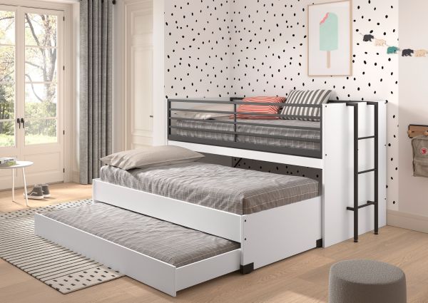 Sam Mid Sleeper Cabin Bed in White with Pull Out Desk Trundles