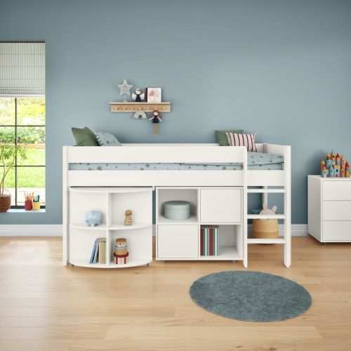Stompa Uno Mid Sleeper in White with Desk & Cube Unit