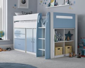 Lacy Blue & White Storage Mid Sleeper Bed  - 3ft Single