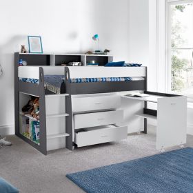 Leo Wooden Mid Sleeper Bed in White & Grey with Desk & Storage