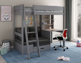 Kids Avenue Estella Grey High Sleeper 5 Bed with Storage, Desk & Black Futon