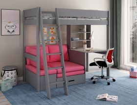 Kids Avenue Estella Grey High Sleeper 6 Bed with Storage, Desk & Pink Futon