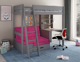 Kids Avenue Estella Grey High Sleeper 6 Bed with Storage, Desk & Pink Futon