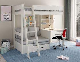 Kids Avenue Estella White High Sleeper Bed with Storage, Desk & Silver Futon