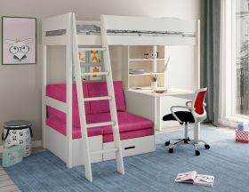 Kids Avenue Estella White High Sleeper Bed with Storage, Desk & Pink Futon