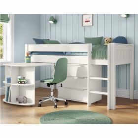 Stompa Classic White Mid Sleeper with Pull Out Desk & 3 Drawer Chest - UK Single Size