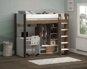 Flair Hampton High Sleeper Bed in White and Walnut with Storage and Optional Desk