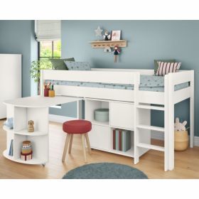 Stompa Uno Mid Sleeper Bed in White with Pull Out Desk & Cube Unit with Doors