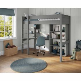 Stompa Classic High Sleeper in Grey with Integrated Desk, Shelving and Tall Bookcase