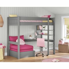 Stompa Classic High Sleeper Bed in Grey with Integrated Desk, Shelving and Pink Chair Bed
