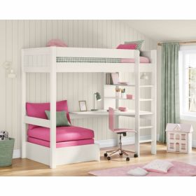 Stompa Classic High Sleeper Bed in White with Integrated Desk, Shelving and Pink Chair Bed