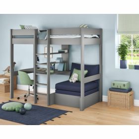Stompa Uno Grey High Sleeper With Desk, Shelving & Blue Chair Bed