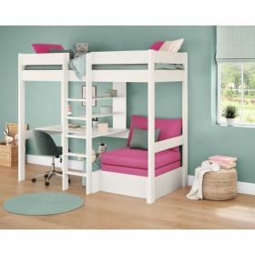 Stompa Uno White High Sleeper with Desk, Shelving and Grey Sofa Bed