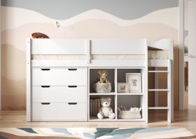 Flair Loop Mid Sleeper Bed in White with Drawers & Bookcase