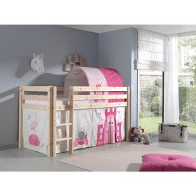 Vipack Pino Mid Sleeper Bed in Solid Pine with Pink Princess Tent & Tunnel