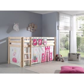 Vipack Pino Mid Sleeper Bed in Solid Pine with Pink Princess Tent & Pocket Tidy