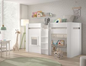 Vipack Reno House Mid Sleeper Bed in White with Window and Door Curtains