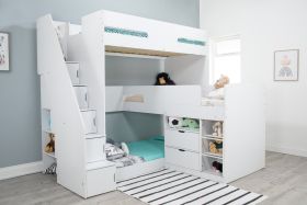 Samuel Staircase Triple Bunk Bed in White with Storage