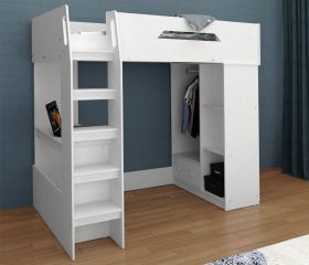 Kidsaw Kudl High Sleeper Loft Bed in White with Desk, Storage & Wardrobe
