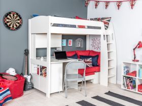 Stompa Uno S 26 High Sleeper Bed in White with Sofa Bed, Fixed Desk & Hutch