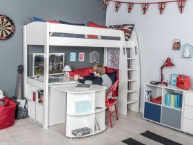 Stompa Uno S 27 High Sleeper Bed in White with Sofa Bed, Pull Out Desk & Storage Cube Unit