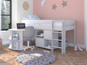 Stompa Uno Mid Sleeper Bed in White with Pull Out Desk & Cube Unit with Doors
