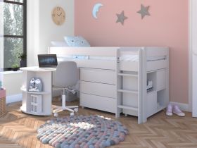 Stompa Uno White Mid Sleeper Bed with Pull Out Desk, Cube Unit & 3 Drawer Chest