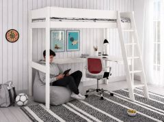 Kids Avenue Estella High Sleeper Bed in White with Corner Desk and Bean Bag
