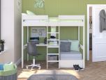 Stompa Uno White High Sleeper with Desk, Shelving and Grey Sofa Bed