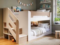 Flair Zeno Staircase Low Bunk Bed with Storage in White & Oak