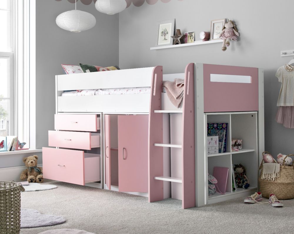 Lacy Pink White Storage Mid Sleeper Bed 3ft Single Free Delivery