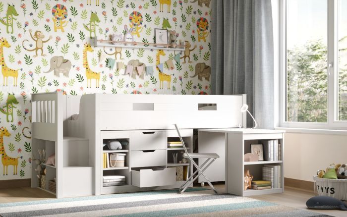 Flair Charlie White Mid Sleeper Cabin Bed Set with Storage Desk