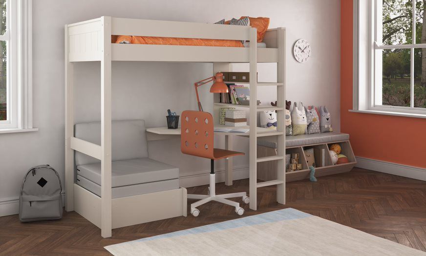 Stompa Classic High Sleeper Bed in White with Integrated Desk Shelving and Chair Bed
