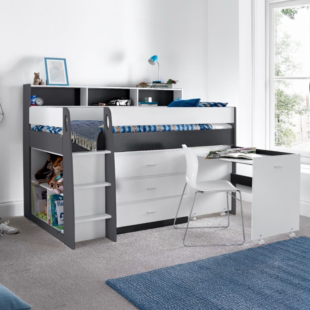 Leo Wooden Mid Sleeper Bed in White Grey with Desk Storage
