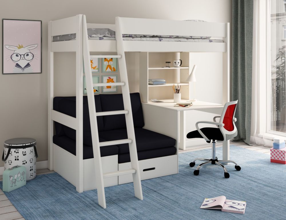 Kids Avenue Estella White High Sleeper Bed with Storage Desk Black Futon Free Delivery