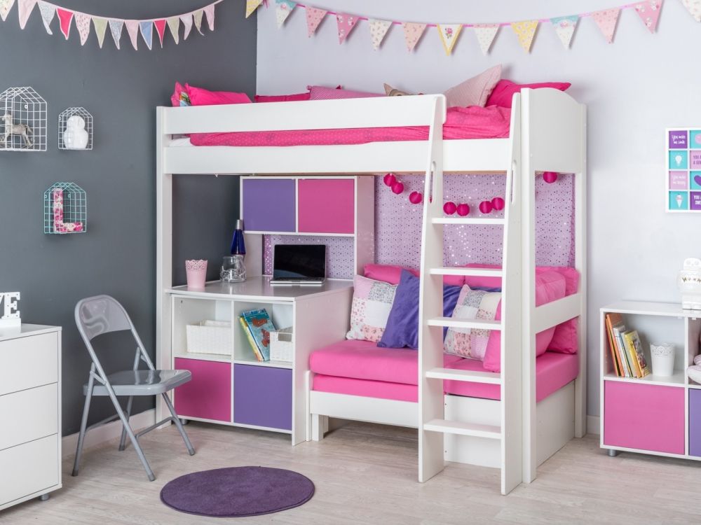 Stompa Uno S 26 High Sleeper Bed in White with Sofa Bed Fixed Desk Hutch