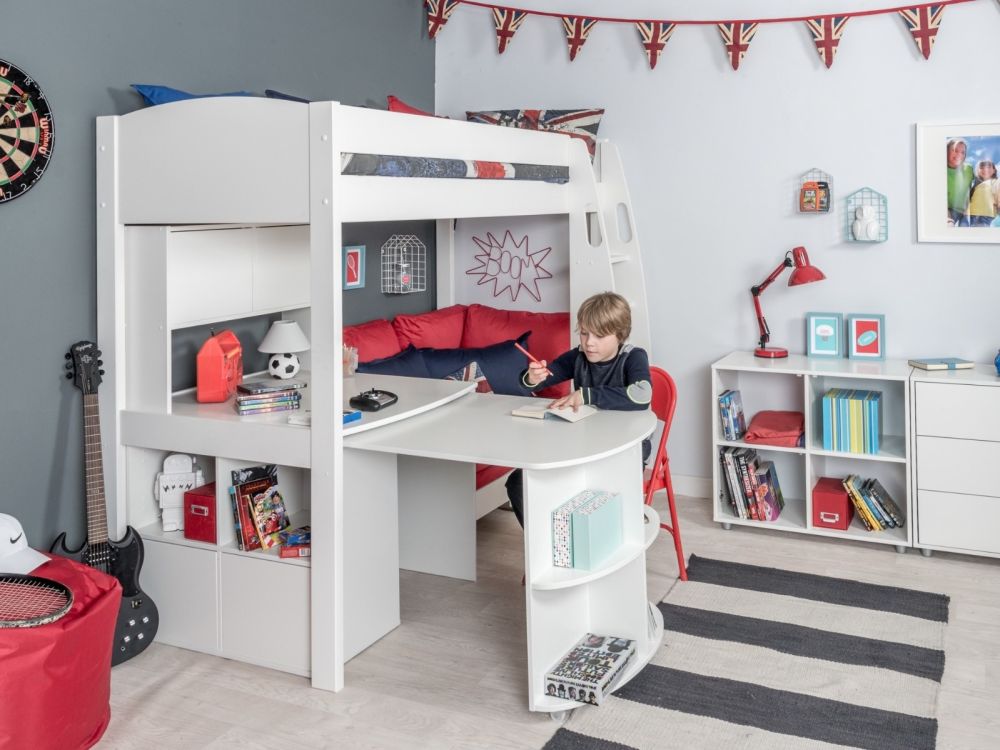 Stompa Uno S 28 High Sleeper Bed in White with Sofa Bed Pull Out