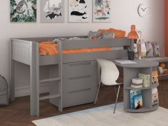 Stompa Classic Grey Mid Sleeper with Pull Out Desk & 3 Drawer Chest - UK Single Size