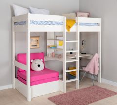 Stompa Uno White High Sleeper with Desk, Shelving & Pink Chair Bed
