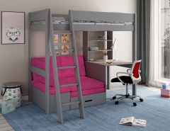 Kids Avenue Estella Grey High Sleeper 6 Bed with Storage, Desk & Pink Futon