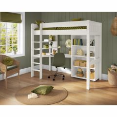 Stompa Classic High Sleeper in White with Integrated Desk, Shelving and Tall Bookcase