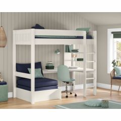 Stompa Classic High Sleeper Bed in White with Integrated Desk, Shelving and Blue Chair Bed