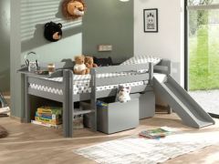 Vipack Pino Low Mid Sleeper Bed in Grey with Slide, Shelf & Storage