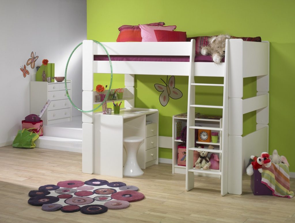 Steens for Kids High Sleeper + Pedestal Desk + Low Bookcase in Solid Plain White